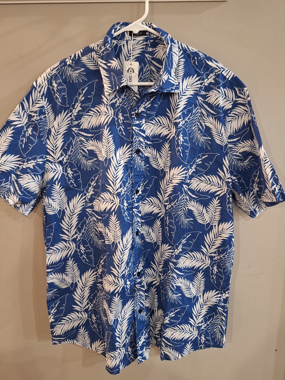 Blue White Tropical Print Short-Sleeve Shirt Size XXL